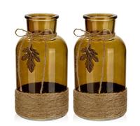 Briful 20cm Tall Glass Flower Vases Wrapped with Jute Rope, 2 PCS Large Amber Glass Vase with Realistic Maple Leaf Crystal Vase for Flowers Bud Vase for Table Decoration