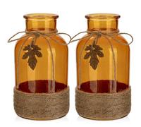Briful 20cm Tall Glass Flower Vases Wrapped with Jute Rope, 2 PCS Large Orange Glass Vase with Realistic Maple Leaf Crystal Vase for Flowers Bud Vase for Table Decoration