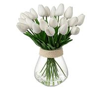 Briful 20PCS Artificial Tulips Real Touch White Artificial Flowers Bulk Fake Tulips PU Latex Material Faux Flowers Wedding Bouquet for Garden Party Home Decoration