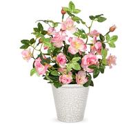 Briful 24CM Artificial Camellia Roses in Pot with Crack Pattern, 9.4" Pink Artificial Flowers for Decoration, Silk Flowers Faux Camellia Rose for Home Kitchen Bathroom Decorations