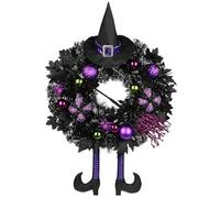 Briful 26" Halloween Wreath for Front Door, Tinsel Black Witch Artificial Wreath with Hat Legs and Purple Black Pumpkins for Autumn Indoor Window Thanksgiving Halloween Decorations