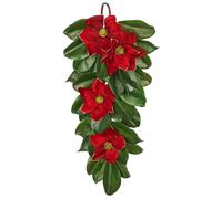 Briful 28" Christmas Poinsettia Teardrop Swag - Velvet Flowers Artificial Magnolia Leaf for Door Décor - Fake Hanging Plants for Front Door, Fireplace, Stairway, Wall Christmas Decorations
