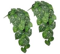 Briful 2PCS Artificial Hanging Plant Faux Anthurium Crystallinum Leaf Bush Fake Plants for Wall, Hanging Artificial Plants Fake Greenery for Home Kitchen Bathroom Shelf Decor
