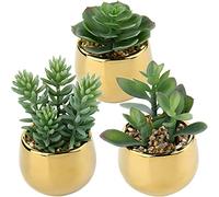 Briful 3 PCS Artificial Plants Fake Succulent Plants Artificial Succulents in Geometric Gold Ceramic Pots, Fake Succulent Indoor Plants for Home Office Bathroom Shelf Decor
