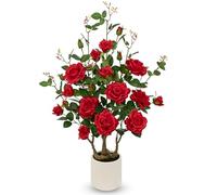 Briful 3Ft Artificial Rose Tree in Pot - Realistic Silk Roses Red Artificial Flowers for Decoration, 90 CM Tall Fake Trees in Creamy Pot for Living Room, Porch, Office & Hotel Decor