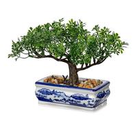 Briful 5.9" Artificial Bonsai Tree Small Fake Plants Podocarpus Bonsai Decoration, 15CM Artificial Plants Indoor in Blue and White Ceramic Pot, Faux Green Plant for Home Office Desk Decor