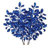 Briful 6 Pcs Blue Glitter Leaf Artificial Holly Leaves 23" Christmas Glitter Leaves Stem for Xmas Tree Decorations Fake Leaf Artificial Stem for Flower Arrangment Home Decor