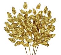 Briful 6pcs Gold Leaf Artificial Holly Leaves 23" Christmas Glitter Leaves Stem for Xmas Tree Decorations Fake Leaf Artificial Stem for Flower Arrangment Home Decor