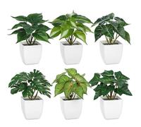 Briful 6PCS Mini Artificial Plants Indoor, Small Fake Plants in White Plastic Pots, Artificial Greenery Monstera Faux Plants for Home Office Bathroom Shelf Farmhouse Decor