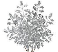 Briful 6pcs Sliver Leaf Artificial Holly Leaves 23" Christmas Glitter Leaves Stem for Xmas Tree Decorations Fake Leaf Artificial Stem for Flower Arrangment Home Decor