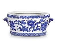 Briful 7.4" Blue and White Ceramic Pot - Vintage Planter Floral Oval Cachepot Vase for Indoor Plants, Flowers & Succulents - Glazed Chinese Porcelain Style Decorative Bowl - No Drainage