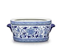 Briful 7.4" Blue and White Ceramic Pot - Vintage Planter Floral Oval Cachepot Vase for Indoor Plants, Flowers & Succulents - Glazed Chinese Porcelain Style Decorative Plant Pot - No Drainage