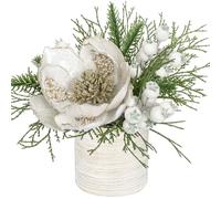 Briful 9" Glitter Magnolia Artificial Flowers in Vase, Christmas Flowers White Flowers Artificial with White Berry Stems in Brushed Finish Ceramic Pot, Fake Magnolia for Xmas Decor