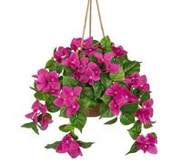 Briful Artificial Bougainvillea Flowers Hanging Basket - Silk Flowers Hanging Plants in Rustic Woven Basket with Jute Rope - Fuchsia Bougainvillea Faux Flower Indoor/Covered Outdoor Décor