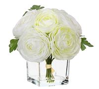 Briful Artificial Camellia Flowers With Glass Vase - Large Cream Fake Flowers With Faux Water - Artificial Plants for Home Office Bathroom Decor