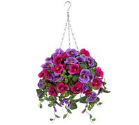 Briful Artificial Hanging Basket Pansy Flowers Outdoor - 25.5” UV-Resistant Hot Pink & Purple Hanging Plant with 15.3” Full Bloom Ball, Trailing Faux Flowers for Porch, Balcony, Patio & Garden Decor