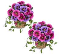 Briful Artificial Trailing Pansy Flowers in Mini Basket, 2PCS Silk Spring Fake Flowers for Tabletop Hanging Decor, Small Summer Decorations for Farmhouse Home, Desk & Shelf, Hot Pink Purple