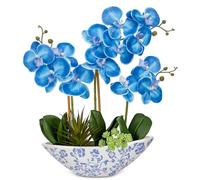 Briful Blue Orchid Fake Flowers 17in Artificial Orchid Silk Flowers in Blue and White Vase Faux Orchid Arrangement for Home Office Bathroom Table Shelf Modern Decoration