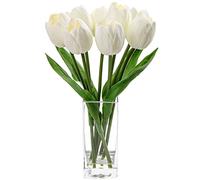 Briful Fake Flowers Artificial Tulip Flower White in Clear Vase, Real Touch Foam Tulip Arrangement Suitable for Home Office Decoration, Dining Table Centerpiece