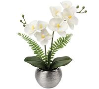 Briful Fake Orchid Flowers 13'' White Orchids Artificial Flowers with Silver Ceramic Vase Faux Orchid for Home Office Decor Indoor