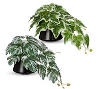 Briful Fake Plants in Ceramic Pot - Set of 2 Artificial Variegated Monstera & Ivy Plants in Black Pots, Small Hanging Plants Faux Indoor Plant for Office Shelf Bathroom Bedroom Home Décor