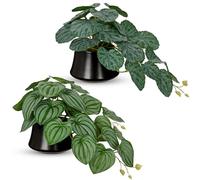 Briful Fake Plants in Ceramic Pot - Set of 2 Artificial Watermelon Peperomia & Textured Leaf Plants in Black Pots, Small Hanging Plants Faux Indoor Plant for Shelf Bathroom Bedroom Home Décor