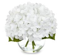 Briful Hydrangea Artificial Flowers in Vase - 7" Real Touch Hydrangea Fake Flowers in Glass Vase with Faux Water - White Artificial Flower Arrangement for Wedding Centerpieces Home Decoration