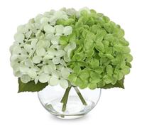 Briful Hydrangea Artificial Flowers in Vase - 7" Real Touch Hydrangea Fake Flowers in Glass Vase with Faux Water - Green Artificial Flower Arrangement for Wedding Centerpieces Home Decoration