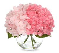 Briful Hydrangea Artificial Flowers in Vase - 7" Real Touch Hydrangea Fake Flowers in Glass Vase with Faux Water - Pink Artificial Flower Arrangement for Wedding Centerpieces Home Decoration