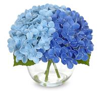 Briful Hydrangea Artificial Flowers in Vase - 7" Real Touch Hydrangea Fake Flowers in Glass Vase with Faux Water - Blue Artificial Flower Arrangement for Wedding Centerpieces Home Decoration