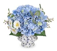 Briful Hydrangea Artificial Flowers Mixed Daisy Eucalyptus Leaf Berries Fake Flowers, Large Blue and White Ceramic Vase Realistic Silk Flowers Bouquet for Home Decor Indoor Wedding Farmhouse, Blue