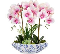 Briful Orchid Artificial Flowers 18in Pink Fake Orchid Silk Flowers with Blue and White Ceramic Pot Faux Phalaenopsis Arrangement for Home Office Room Dining Table Centerpiece Modern Decor