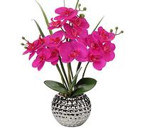 Briful Orchids Artificial Flowers, 20'' Hot Pink Faux Orchid with Silver Vase Fake Phalaenopsis Flowers for Home Table Living Room Office Kitchen Decor