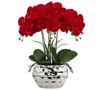 Briful Red Orchid Artificial Flowers 18" Large Silk Orchid with Silver Ceramic Pots Fake Orchid Arrangement for Home Office Bathroom Living Room Table Decoration