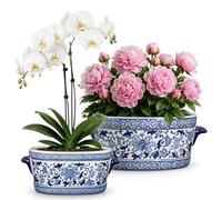 Briful Set of 2 Blue and White Ceramic Pots - Vintage Planter Floral Oval Cachepot Vase for Indoor Plants & Flowers - Glazed Chinese Porcelain Style Decorative Bowl - 7.4" & 10.6" Size - No Drainage