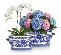 Briful Set of 2 Blue and White Ceramic Pots - Vintage Planter Floral Oval Cachepot Vase for Indoor Plants & Flowers - Glazed Chinese Porcelain Style Decorative Bowl - 7.4" & 10.6" Size - No Drainage