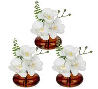 Briful Set of 3 Artificial Orchids in Amber Glass Vase, White Orchids Fake Flowers in Faux Water Artificial Flowers for Decoration Fake Plants for Living Room Bathroom Office Décor