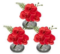 Briful Set of 3 Artificial Orchids in Dimgray Glass Vase, Red Orchids Fake Flowers in Faux Water Artificial Flowers for Decoration Fake Plants for Living Room Bathroom Office Décor