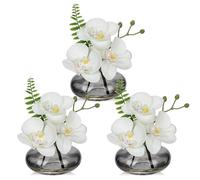 Briful Set of 3 Artificial Orchids in Dimgray Glass Vase, White Orchids Fake Flowers in Faux Water Artificial Flowers for Decoration Fake Plants for Living Room Bathroom Office Décor