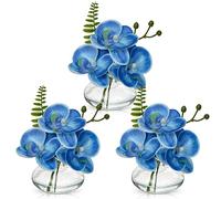 Briful Set of 3 Artificial Orchids in Glass Vase, Blue Orchids Fake Flowers in Faux Water Artificial Flowers for Decoration Artificial Plant for Living Room Bathroom Office Décor