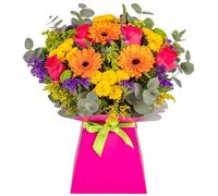 Bright and Colourful Fresh Flower Bouquet Delivered in Presentation Vase | Pink Roses, Germinis, Chrysanthemums & Seasonal Greenery | Pink Card Vase and Green Satin Ribbon | AMFL001