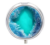 Bright Aqua Blue Turquoise Pill Box 3 Compartment Waterproof Pill Container with Mirror Metal Medicine Box Organizer Portable Vitamin Case for Pocket & Purse Travel - Round