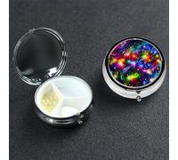 Bright Beautiful Colorful Art Pill Box with Mirror 3 Compartment Decorative Pill Case for Purse or Pocket Small Round Pill Organizer Weekly Metal Medicine Tablet Vitamin Holder Travel Gift
