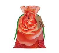 bright beautiful Rose Printed Christmas Drawstring Bags for Xmas Gift Wrapping, Green Christmas Ribbon, S