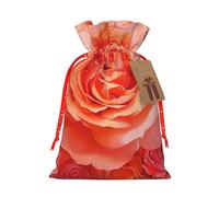 bright beautiful Rose Printed Christmas Drawstring Bags for Xmas Gift Wrapping, Red Christmas Ribbon, M