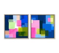 Bright Blocks Duo Framed Canvas Print Modern Wall Art Set by Art Remedy, Natural Oak Frame, 24 x 24