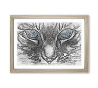 Bright Blue Cat Eyes in Abstract Framed Print | A2 Oak Framed Wall Art | Ready to Hang | Abstract Animal Picture | Living Room Bedroom Lounge Office