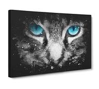 Bright Blue Cat Eyes Paint Splash Canvas Print | Gallery Wrapped 30mm Frame Wall Art | 30x20 inches | Ready to Hang | Modern Animals Picture | Living Room Bedroom Lounge Office