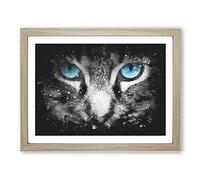 Bright Blue Cat Eyes Paint Splash Modern Art Framed Wall Art Print, Ready to Hang Picture for Living Room Bedroom Home Office Décor, Oak A4 (34 x 25 cm)