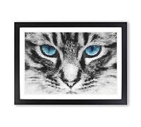 Bright Blue Cat Eyes Painting Framed Print | A2 Black Framed Wall Art | Ready to Hang | Modern Animal Picture | Living Room Bedroom Lounge Office